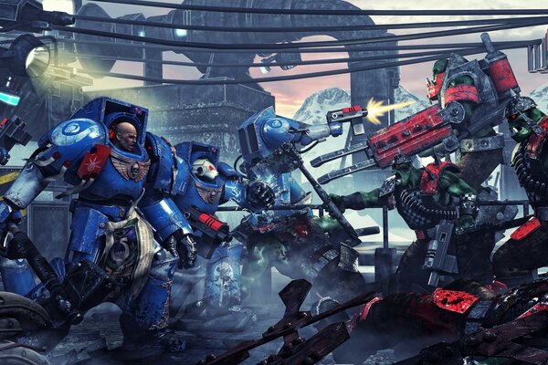 A scene from the game Warhammer blue and red suits