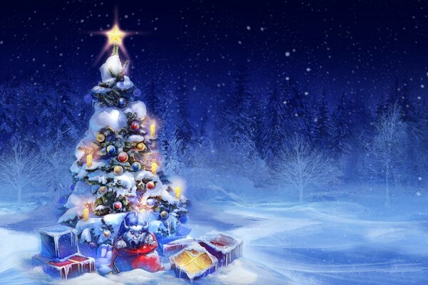 Kış, karda Noel ağacı ve hediyeler