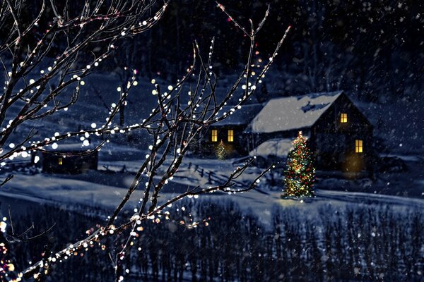 Guirlande sur un arbre enneigé à Noël