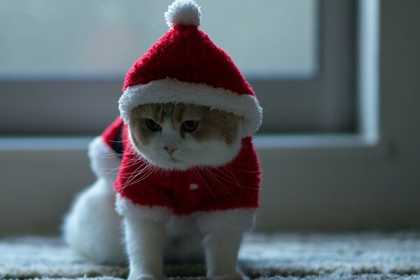 A cute cat in a Santa Claus hat