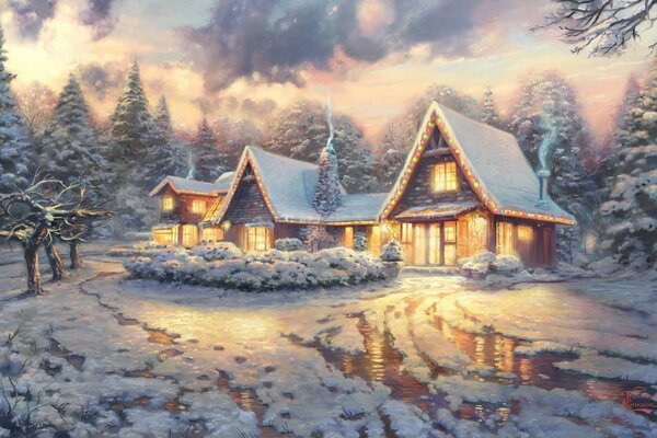 Christmas landscape house in the wilderness