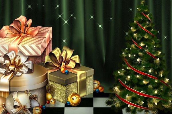 Illustration of the new year, Christmas tree with gifts