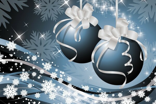 2 Christmas blue balls on white ribbons on a blue background with white snowflakes of different sizes