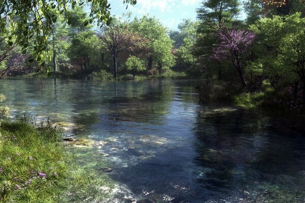 Ein ruhiger Fluss, der von grünen Bäumen umgeben ist