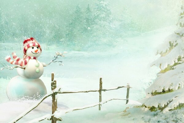 Boneco de neve na floresta em um abeto de neve