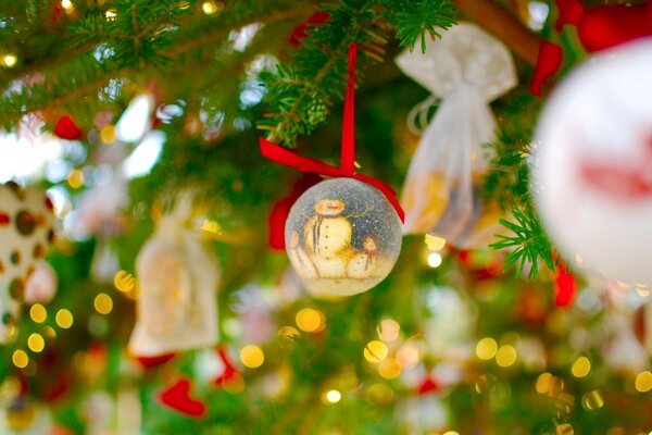 Postcard macro photography of a Christmas tree with toys