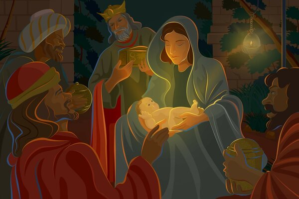 Illustration on the theme of offering gifts at Christmas