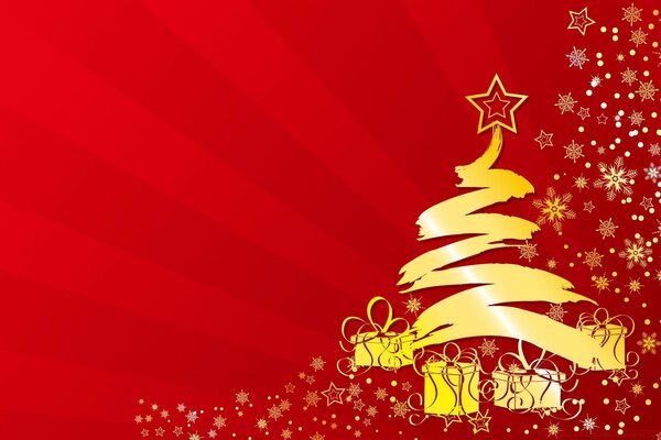 Golden Christmas tree with gifts on a red background