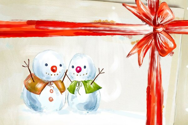 Desenho infantil de dois bonecos de neve com arco