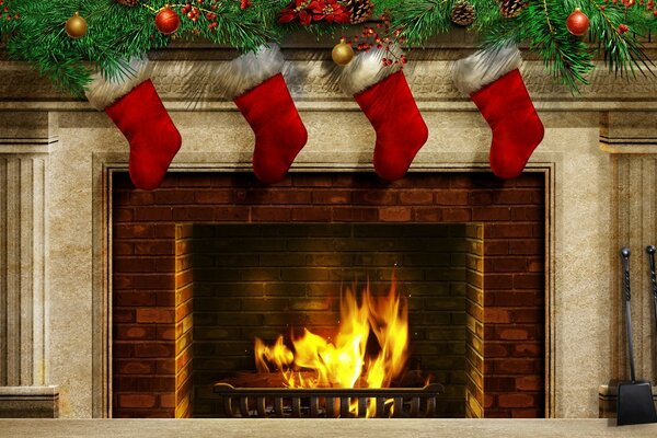 Santa s socks are hanging on the fireplace