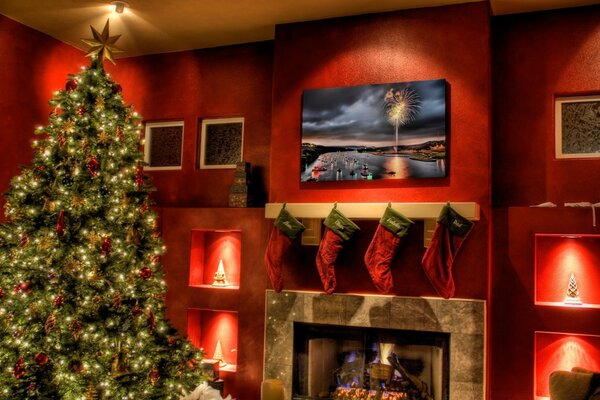 Christmas card with fireplace and Christmas tree