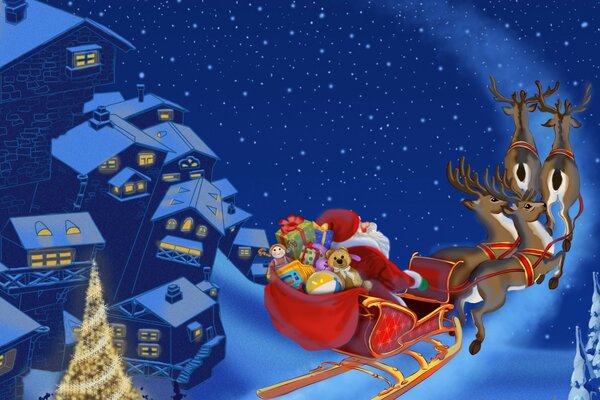 Santa Claus reindeer sled over the city