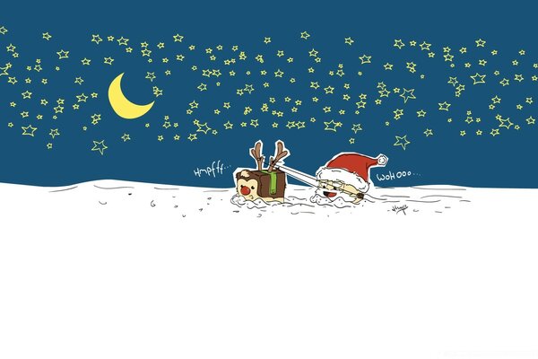 Santa and a deer in the snow under the starry sky