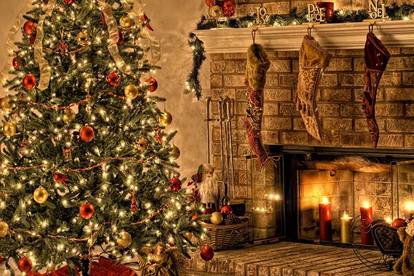 Christmas tree and socks over the fireplace