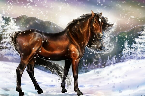 Cheval sur la neige en hiver