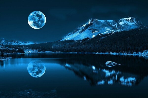 Свисающая луна над синевой рёки