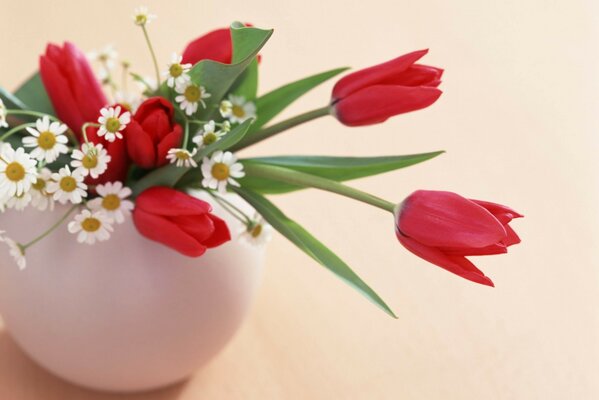 Pichet blanc avec tulipes rouges et marguerites