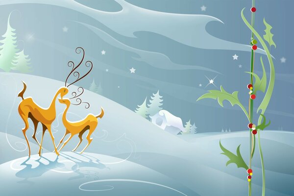 Deer on a snowy background with a Christmas tree for the new year