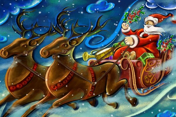 Postcard Santa Claus flying on a sleigh