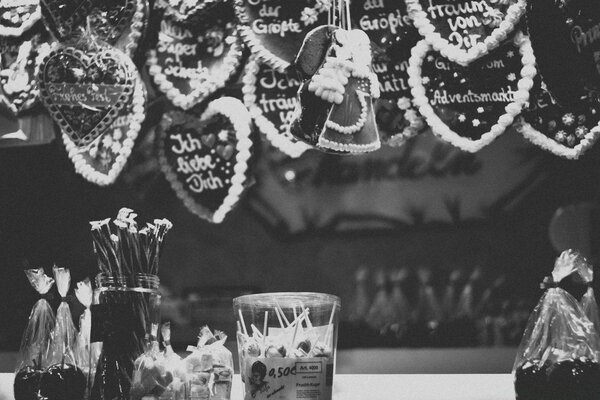 Black and white photo of Christmas decorations