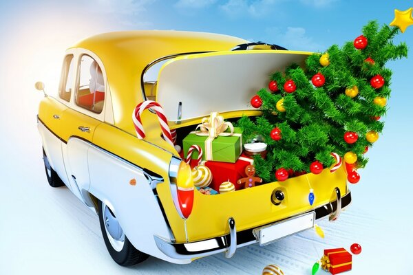 A yellow car carries a Christmas tree and gifts in the trunk