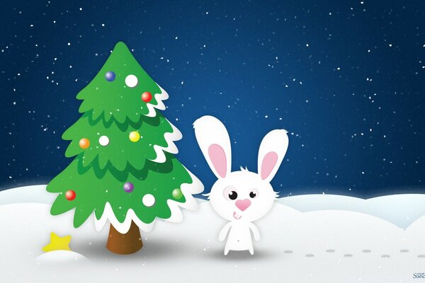 New Year s illustration. The white hare at the elegant Christmas tree in winter