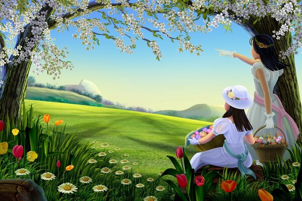 Two girls with Easter treats in baskets