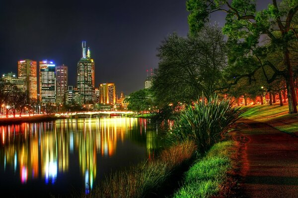 Modern skyscrapers on the river bank