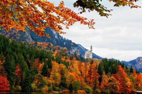 Der Herbstwald und das Schloss in all seiner Schönheit