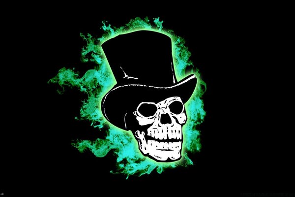 Art with a skeleton in a top hat on a black background