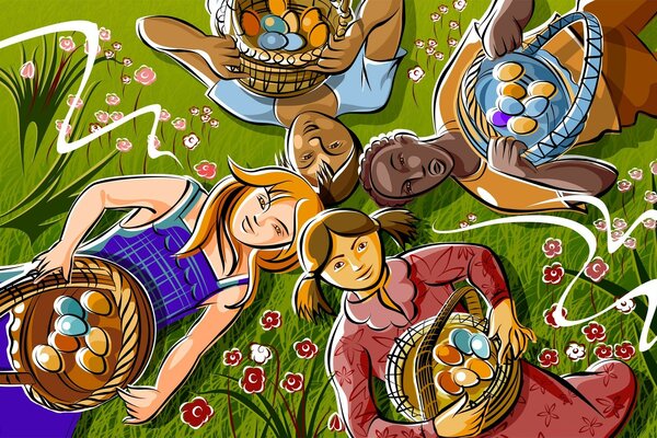 Illustration of friends with Easter eggs