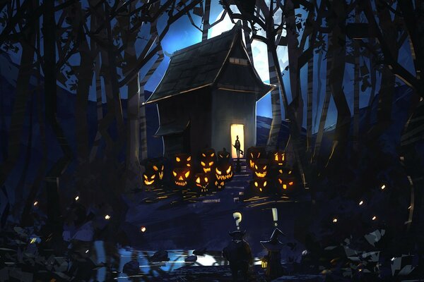Вечерний призрачный дом в День Хэллоуина