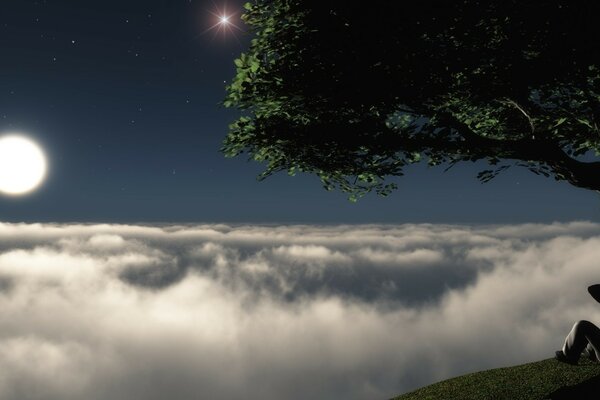 El hombre en la montaña Mira a la Luna