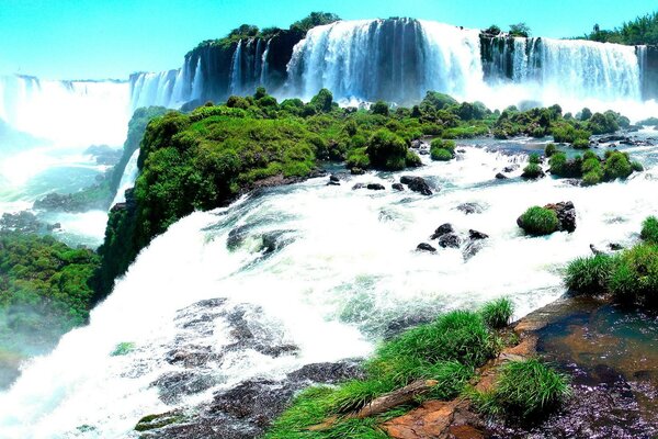 The raging element of a tropical waterfall