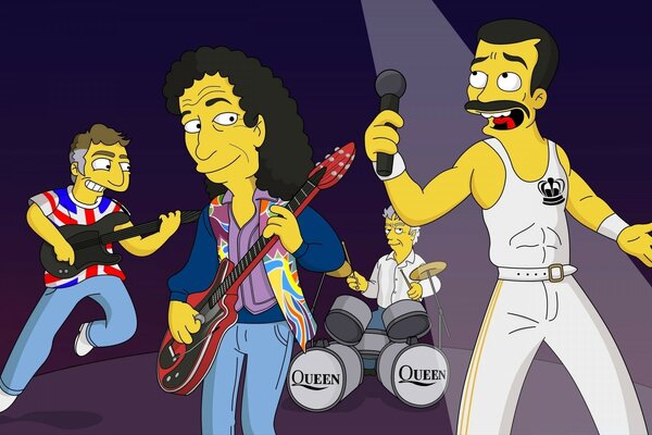 Musiker auf der Bühne im Stil der Simpsons