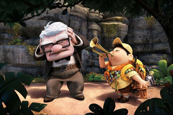 A picture from the cartoon up with a grandfather and grandson with a pipe