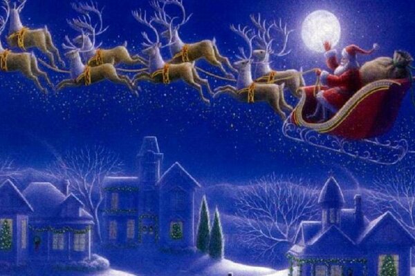 Santa Claus is flying on a sleigh with gifts