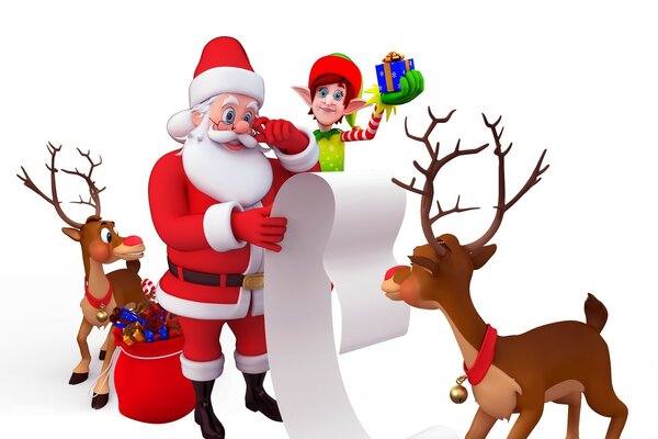 Santa with a deer and a helper collect gifts