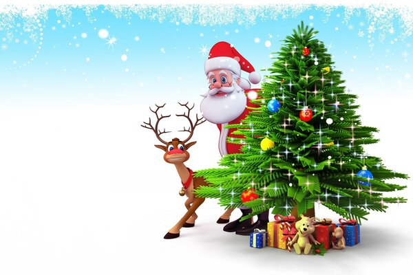 Babbo Natale e cervi con regali vicino all albero di Natale