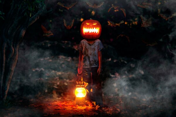 A man with a lantern in his hand and a mask in the form of a pumpkin