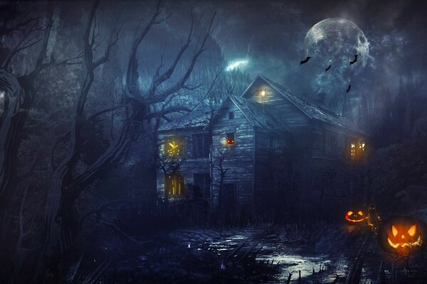 Gloomy house in the forest with pumpkins