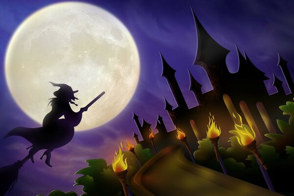 Graphics Halloween witch flying on torchlight