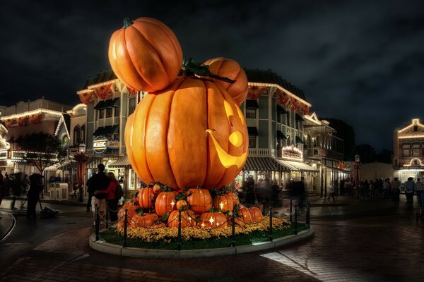 Giant pumpkins on the square decorate the city on Halloween