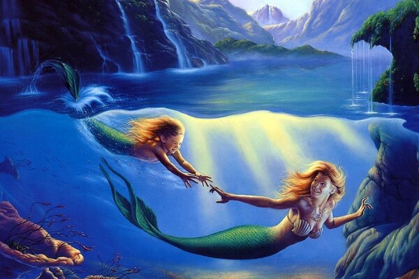 Mermaids frolicking in the ocean