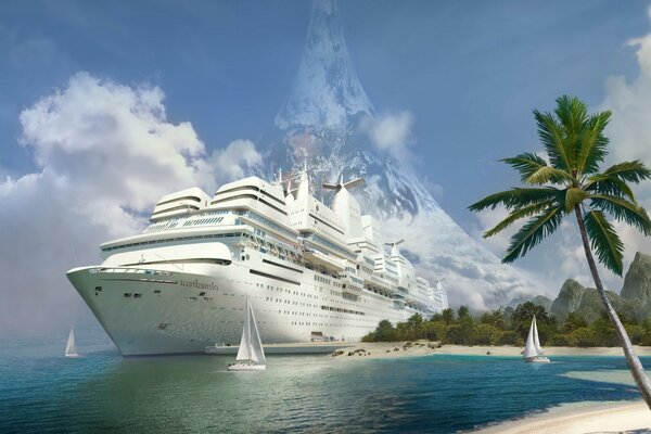 A large liner on the background of the sea and clouds