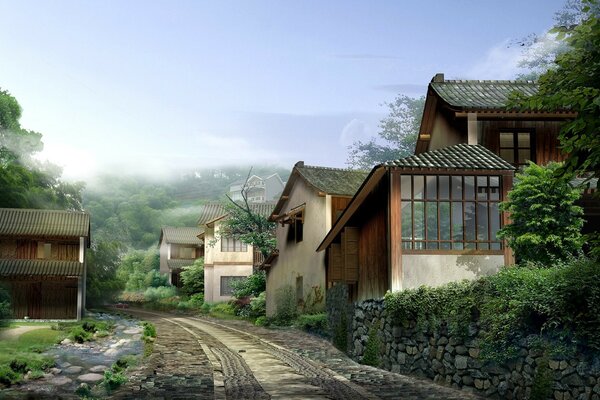 Maisons en bois dans le brouillard