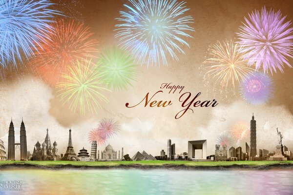 Happy New Year greeting card with fireworks and silhouettes of cities