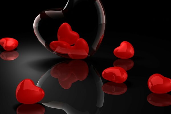 Three-dimensional hearts on a dark background