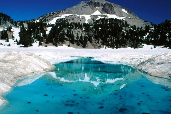 A lake at the foot of a snow-covered mountain