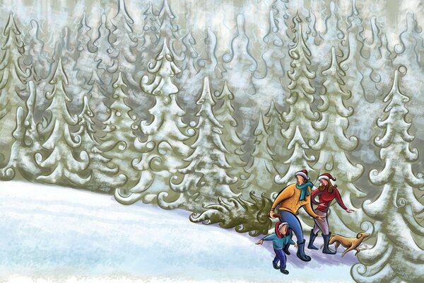 Drawing of a family with a dog in a winter forest